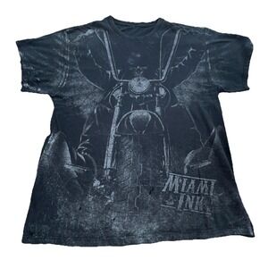 Vintage Y2K Miami Ink Shirt Men Medium Black Tee Faded All Over Tattoo Biker‎ *